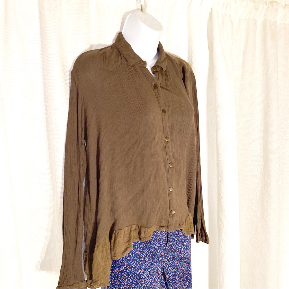 3/20 🎉 Free People- Brown High-Low Oversized Button-Up, XS (runs large) - Picture 3 of 6